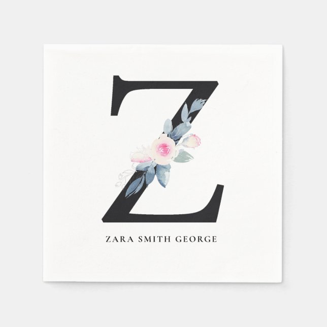 GUARDANAPO DE PAPEL ALFABETES FLORAIS BRANCOS AZUIS E SUAVES LETRA Z (Frente)