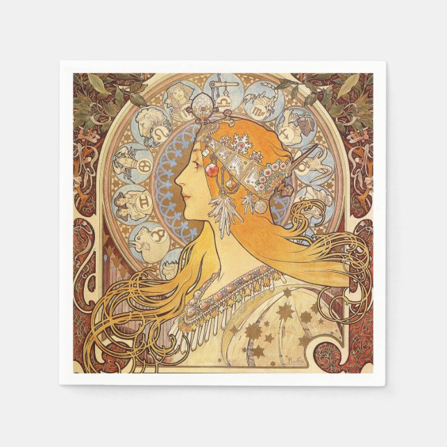 Guardanapo De Papel Alfonse Mucha Zodiac Art Nouveau Mulher (Frente)