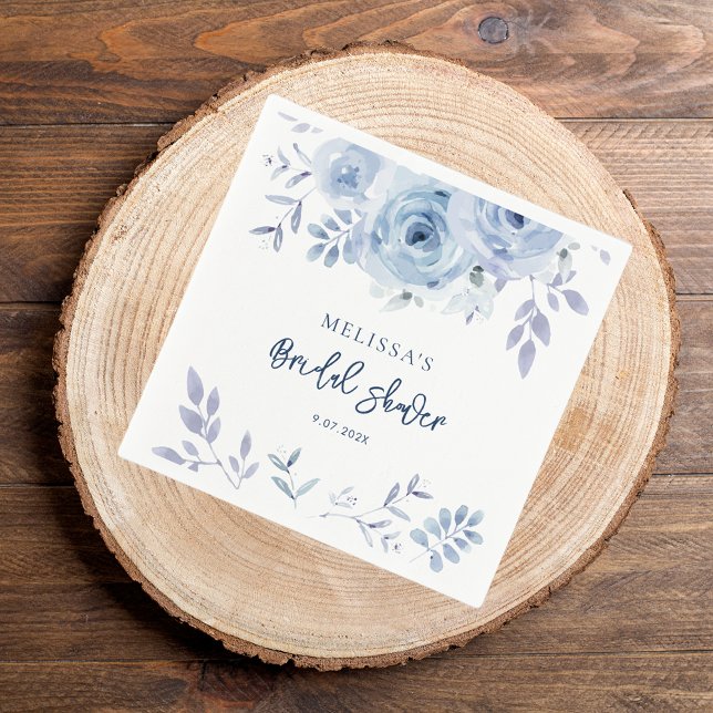 Guardanapo De Papel Algo Azul Antes de Eu Fazer Papel para Chá de Noiv (Dusty Blue Floral Watercolor Bridal Shower PAper Napkin)