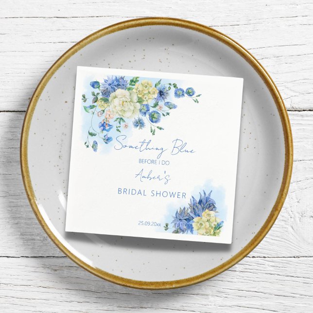Guardanapo De Papel Algo azul antes do meu chá de lingerie floral (Something blue before I do bridal shower personalized napkins delicate dusty blue flowers botanical)