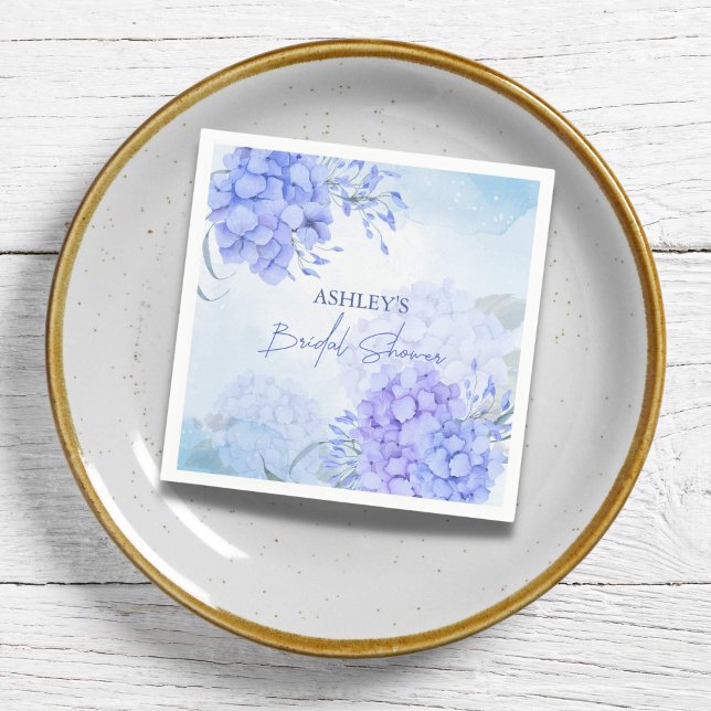 Guardanapo De Papel Alguma coisa azul hortênsias elegante chá de noiva (Something blue bridal shower personalized napkins blue watercolor hydrangeas floral napkins)