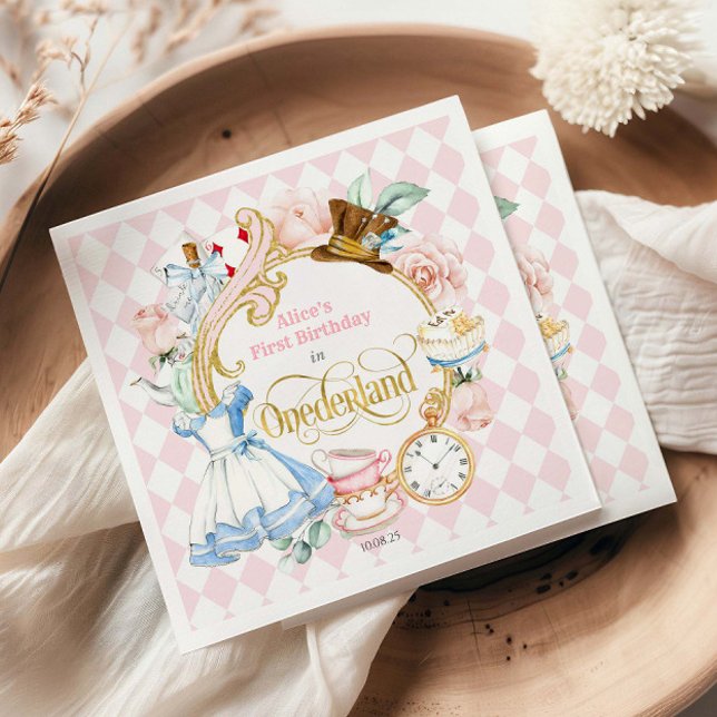 Guardanapo De Papel Alice Wonderland Tea Party, Girl 1st birthday  (Pink Alice's First Birthday in ONEderland, Girl's 1st Birthday Party Napkins.)