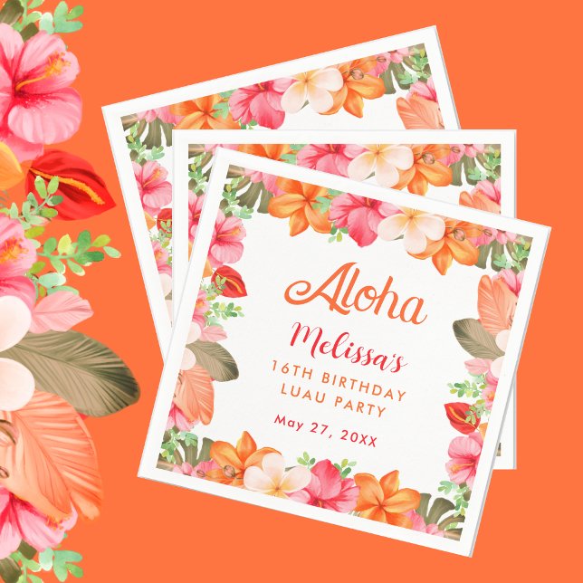 Guardanapo De Papel Aloha Tropical Pink & Coral Floral Luau Birthday  (Criador carregado)