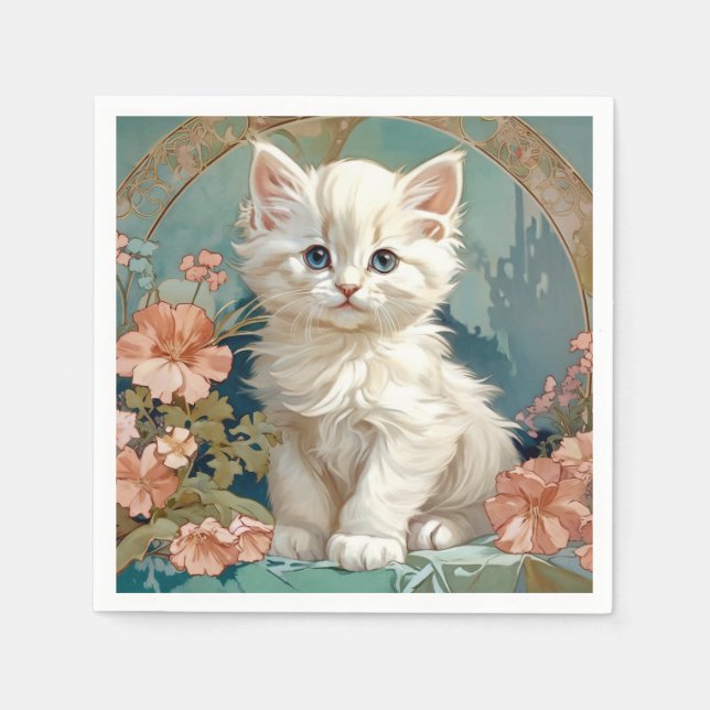 Guardanapo De Papel Alphonse Mucha Style White Cat (Frente)