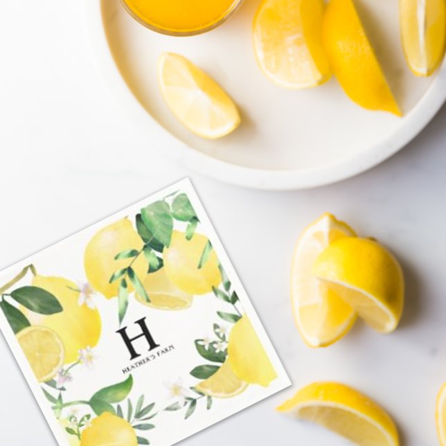Guardanapo De Papel Amarelo de Jardim de Limão Monograma (Watercolor Lemon Summer Napkins Monogram Name)