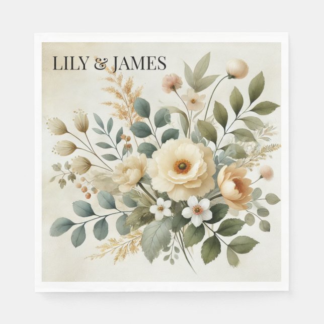 Guardanapo De Papel Amarelo-Manteiga Aquarela Floral Elegante Moderno (Frente)