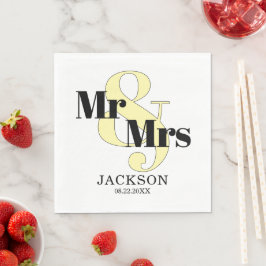 Guardanapo De Papel Amarelo Pastel e Preto Mr. & Mrs. Casamento
