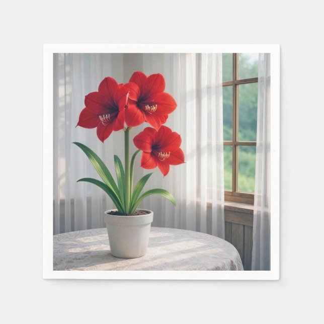 Guardanapo De Papel Amarílis Vermelha em Flor  (Frente)
