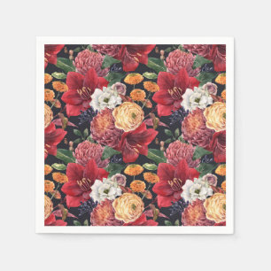 Guardanapo De Papel Amarilis vermelhos de aquarela e crisântemos Flora