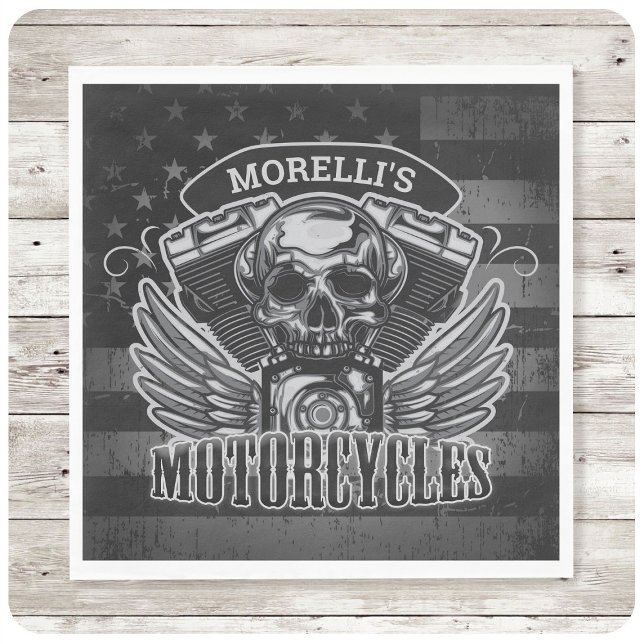 Guardanapo De Papel American Biker ADD NAME Skull V-Twin Motocicletas (Criador carregado)