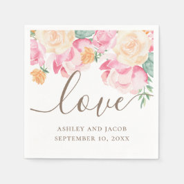 Guardanapo De Papel Amor. Aquarela rosa e floral de pêssego para casam