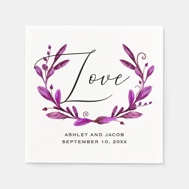 Guardanapo De Papel Amor. Aquarela roxa floral script casamento (Frente)