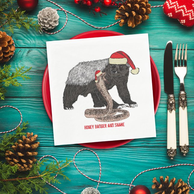 Guardanapo De Papel Amor Badger e Cobra Engraçado Natal (Christmas honey badger and snake wearing santa hat paper napkins)