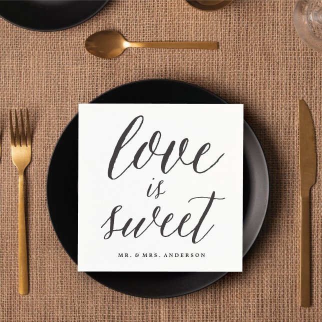 Guardanapo De Papel Amor é doce Script Moderno de Caligrafia Casamento (LOVE IS SWEET Script Modern Calligraphy Wedding Paper Napkins @ fatfatin_blue_knot)