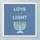Guardanapo De Papel "Amor e Luz" Judeu Menorah Blue Hanukkah<br><div class="desc">Elevem sua mesa de Chanucá com esses bonitos guardanapos "Amor e Luz". Apresentando um fundo azul sereno, uma ilustração animada brilhante, e a inspiradora mensagem "Amor e Luz", esses guardanapos adicionam calor e significado às suas reuniões de feriados. Perfeitos para jantas familiares, festas ou qualquer ocasião festiva de Chanucá, trazem...</div>