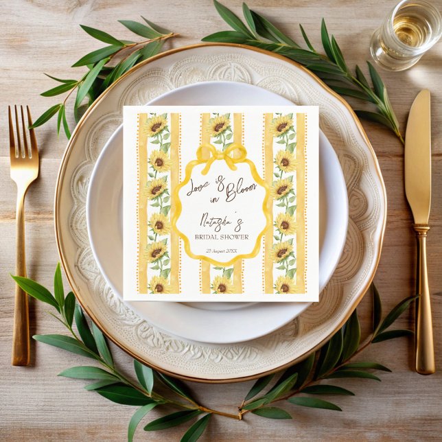 Guardanapo De Papel Amor em flor girassóis chá de panela monogramado (Love in bloom sunflowers grandmillenial yellow stripes bridal shower monogrammed napkins )