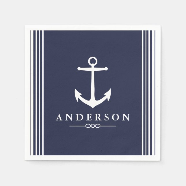 Guardanapo De Papel Anchor branco náutico e Marinho azul | Personaliza (Frente)