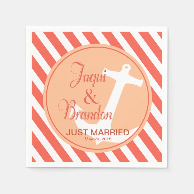 Guardanapo De Papel Âncora em faixas náuticas | pêssego do coral (Frente)