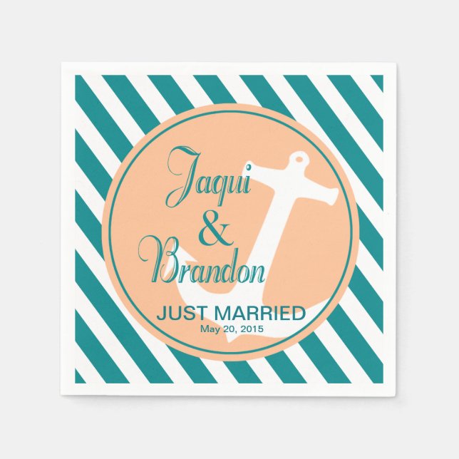 Guardanapo De Papel Âncora em faixas náuticas | pêssego teal (Frente)