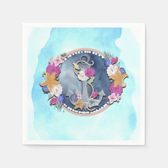 Guardanapo De Papel Âncora Floral Náutica Moderna Aquarela Azul (Frente)