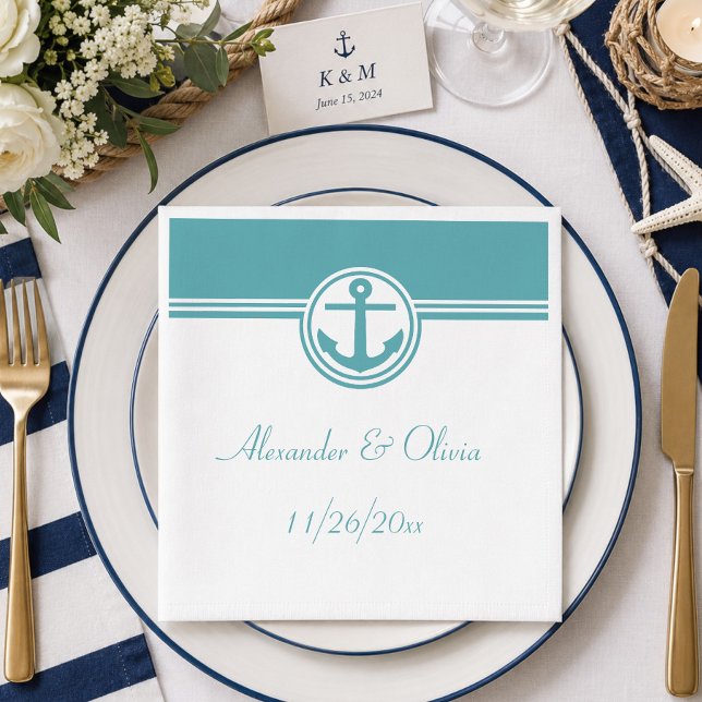 Guardanapo De Papel Âncora Náutica Verde Azul (Teal Nautical Anchor Paper Napkins)