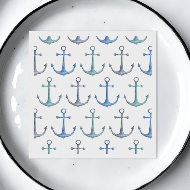 Guardanapo De Papel Âncoras azuis em aquarela. Padrão de praia náutico (Criador carregado)
