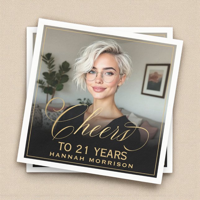 Guardanapo De Papel Anima-se a 21 anos Foto de aniversário Dourada Pre (Criador carregado)