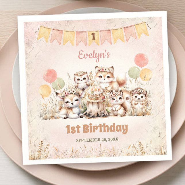 Guardanapo De Papel Animais da Floresta Boho Pastel primeiro aniversar (Woodland Animals Boho Pastel Girl 1st Birthday Napkins)