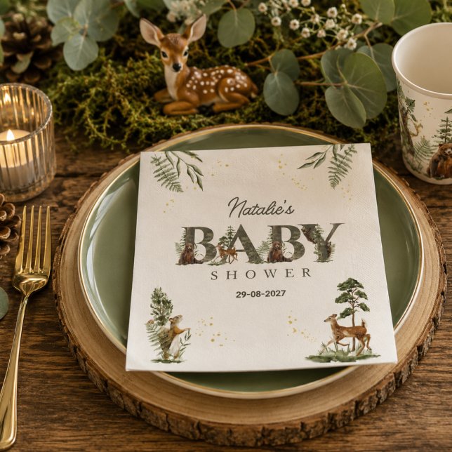 Guardanapo De Papel Animais da Floresta Chá de Bebê (baby shower napkins watercolor cute animals woodland gender neutral forest whimsical greenery)