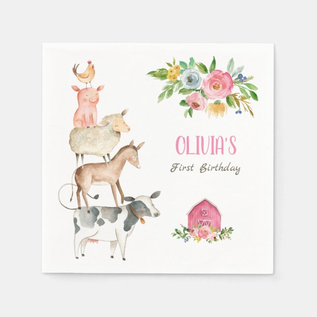 Guardanapo De Papel Animais de Fazenda Menina Zoo Aniversário Barnyard (Frente)