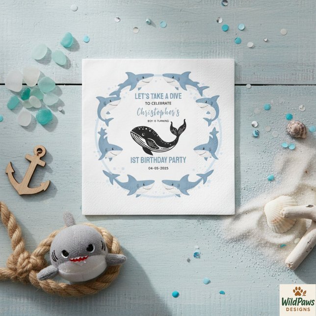 Guardanapo De Papel Animais Marinhos Tubarão 1º Aniversário | Debaixo  (Sea Animals Shark 1st Birthday | Under the Sea Napkins
)