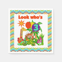 Animais Safari aniversário de 3 anos Papel Napkins