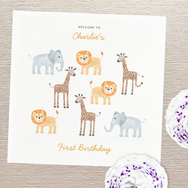 Guardanapo De Papel Animais Safari Cute Personalizados primeiro aniver (Fun baby safari animals personalized first birthday party paper napkins)