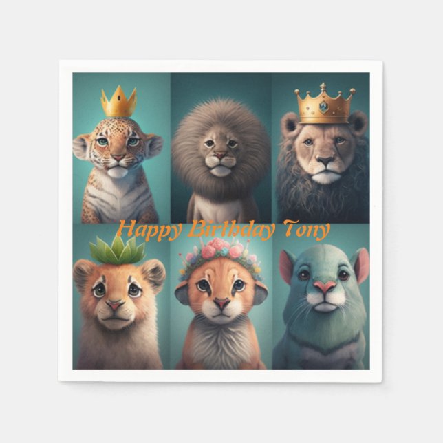 Guardanapo De Papel Animais selvagens brancos vestindo coroa azul (Frente)