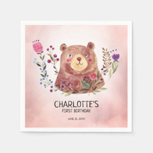 Guardanapo De Papel Aniversário bonito do urso e de criança de flores