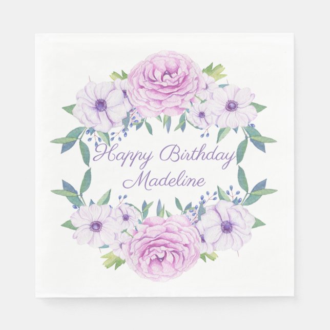 Guardanapo De Papel Aniversário Branco Floral da Lavanda Lilática Púrp (Frente)