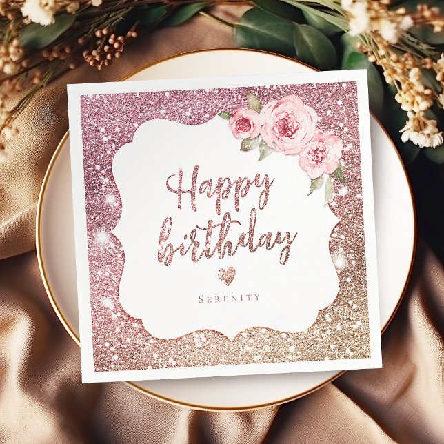 Guardanapo De Papel Aniversário brilhante rosa dourado brilhante flora (Sparkle rose gold glitter floral happy birthday napkins)