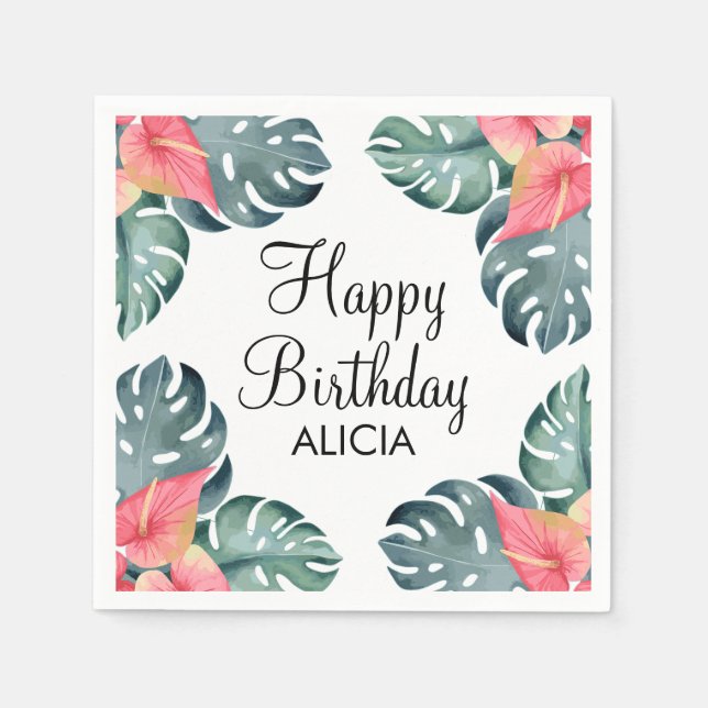Guardanapo De Papel Aniversário da Flora Rosa Anthurium e Monstera (Frente)