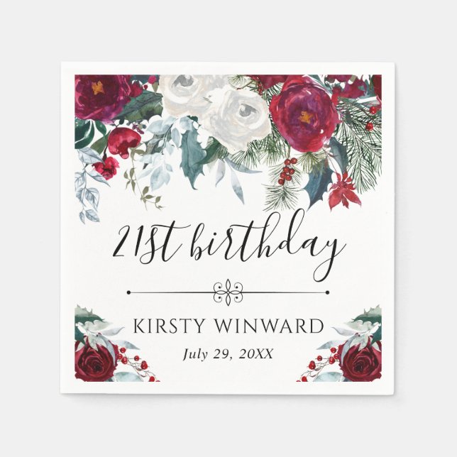 Guardanapo De Papel Aniversário das Flores de inverno Vermelhas e Bran (Frente)