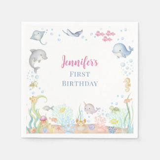 Guardanapo De Papel Aniversário de 1 ano da Menina Aquarela Sob o Mar