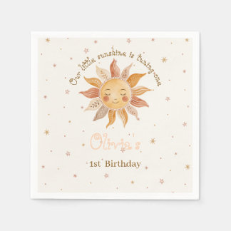 Guardanapo De Papel Aniversário de 1 ano da Menina do Sol Rosa Boho