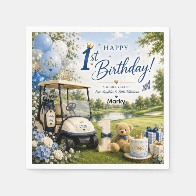 Guardanapo De Papel Aniversário de 1 ano de golfe com carrinho de golf (Frente)
