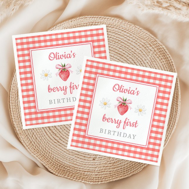 Guardanapo De Papel Aniversário de 1 ano do Morango Morango Primeiro A (Strawberry 1st Birthday Berry First Birthday Napkins)