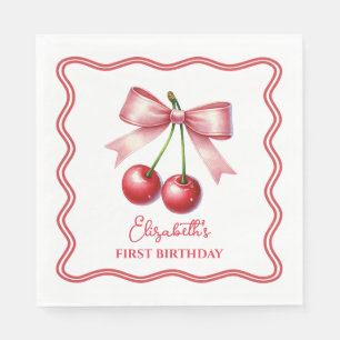 Guardanapo De Papel Aniversário de 1 ano Menina Rosa Coquette Cereja