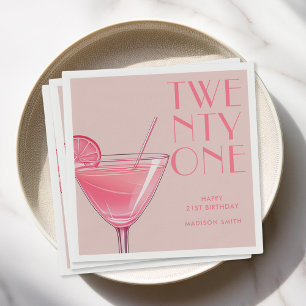 Guardanapo De Papel Aniversário de 21 anos de Cocktail Rosa Moderno