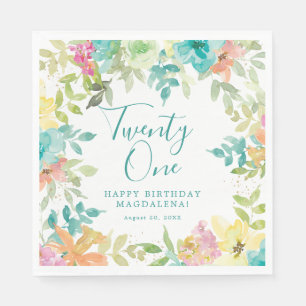 Guardanapo De Papel Aniversário de 21 anos Floral de Aquarela de Verão