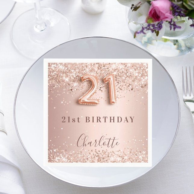 Guardanapo De Papel aniversário de 21 anos rosa dourado blush name (Criador carregado)