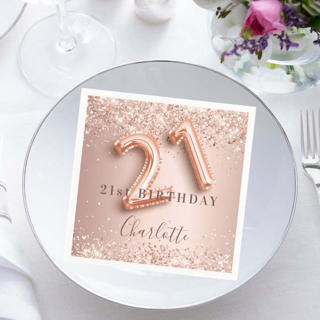 Guardanapo De Papel aniversário de 21 anos rosa dourado blush nome de  (Criador carregado)
