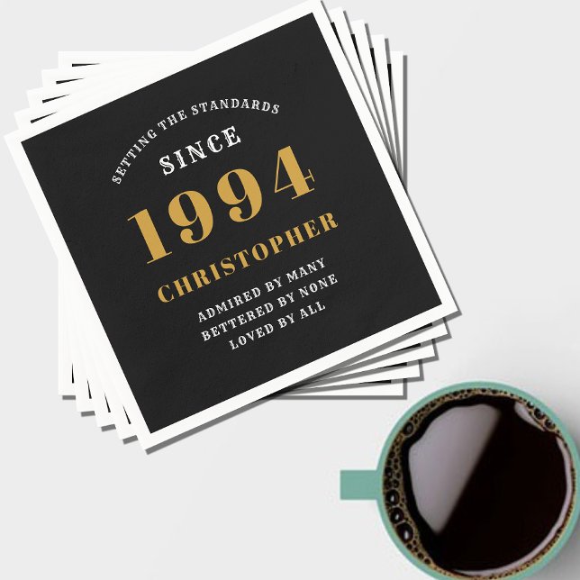 Guardanapo De Papel aniversário de 30 anos 1994 Dourado preto (Black and gold personalized 30th birthday paper napkins. )