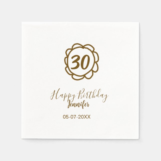 Guardanapo De Papel aniversário de 30 anos adiciona nome data ano ouro (Frente)